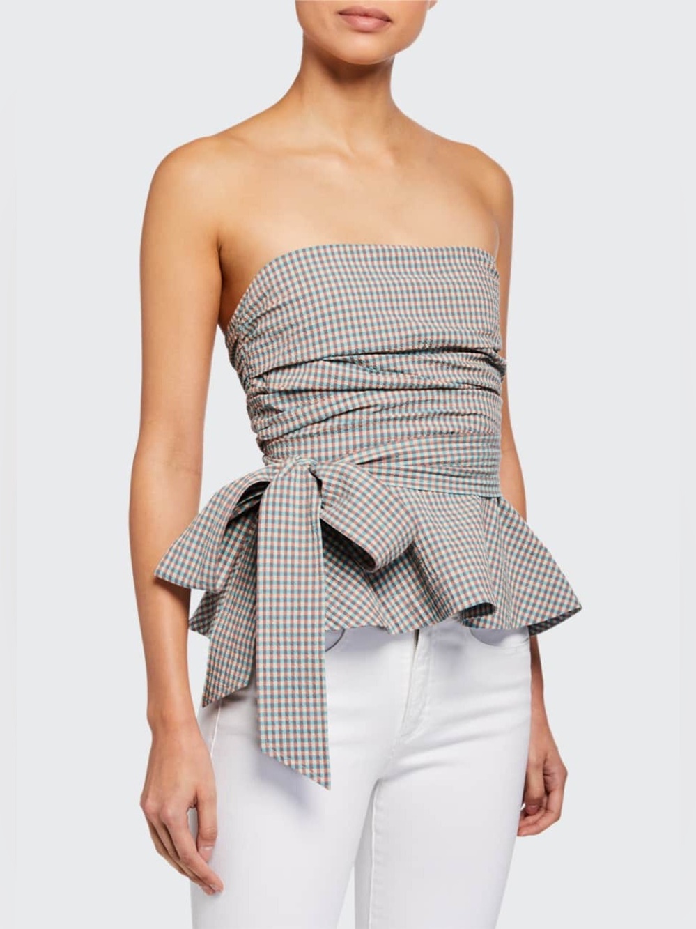 Veronica Beard Jolene Strapless Seersucker Peplum Top